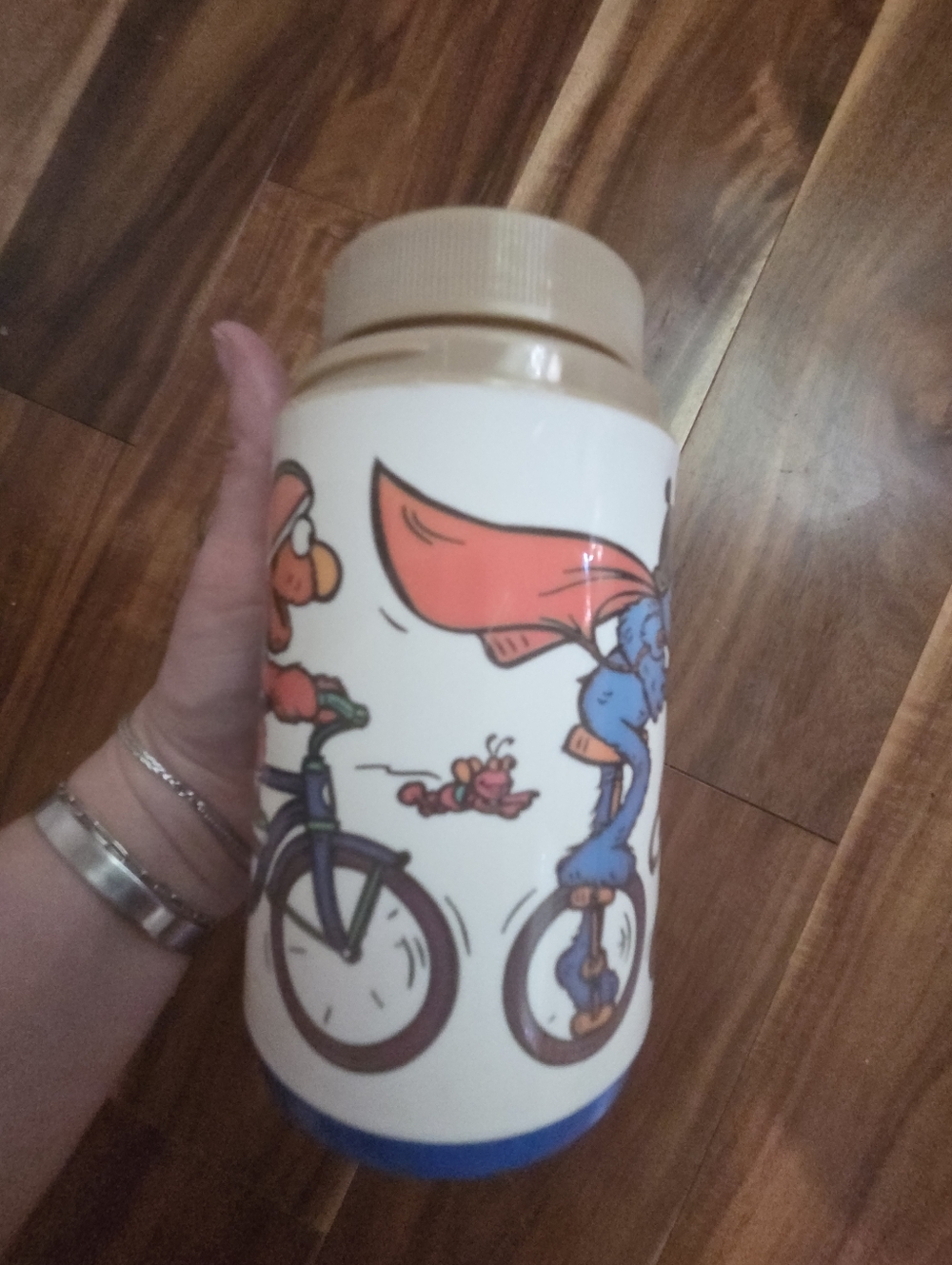 vintage Aladdin plastic thermos features characters from Sesame Street